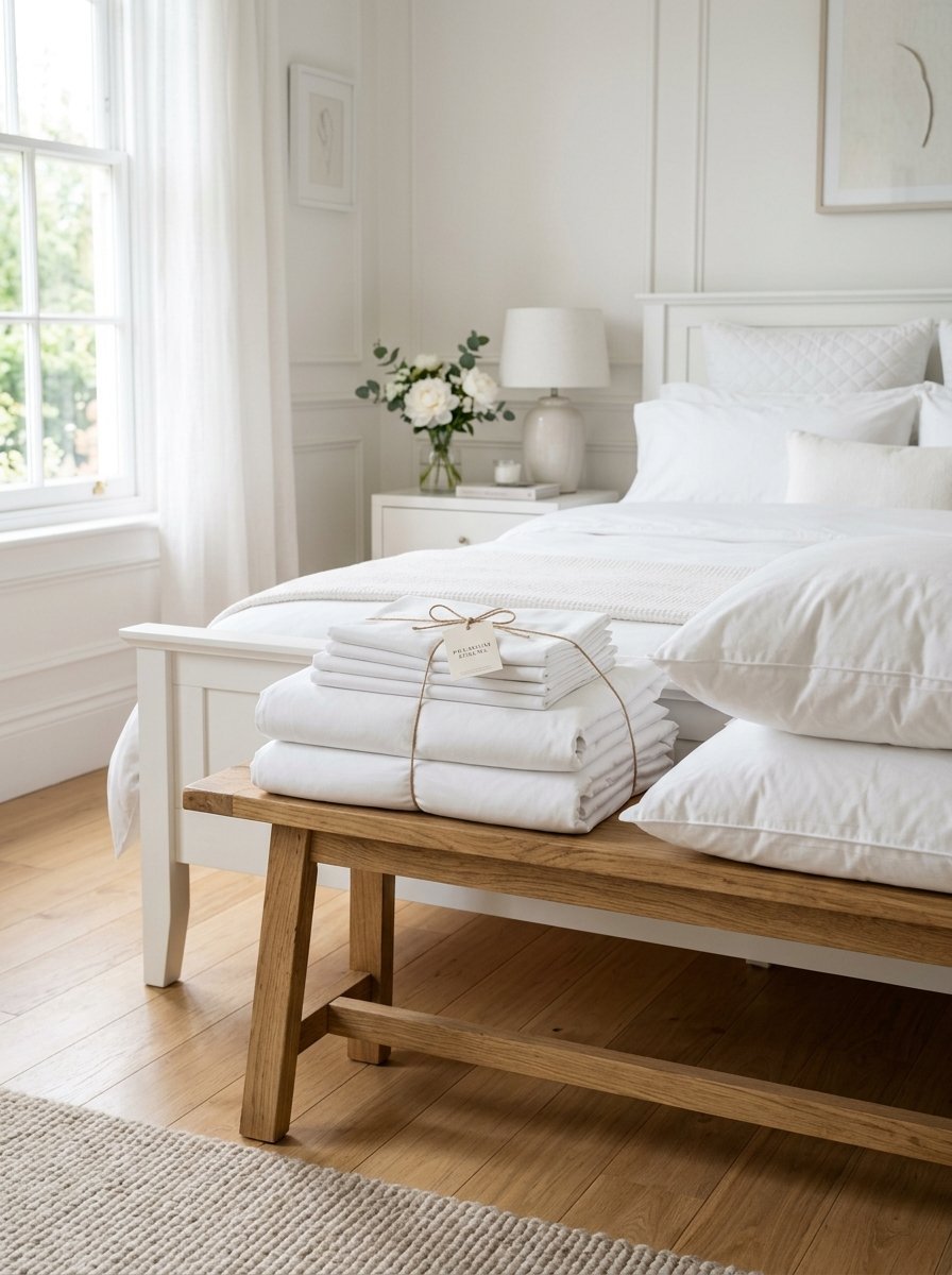 A stack of white linens tied with twine sits on a natural wood bench at the foot of a bed.