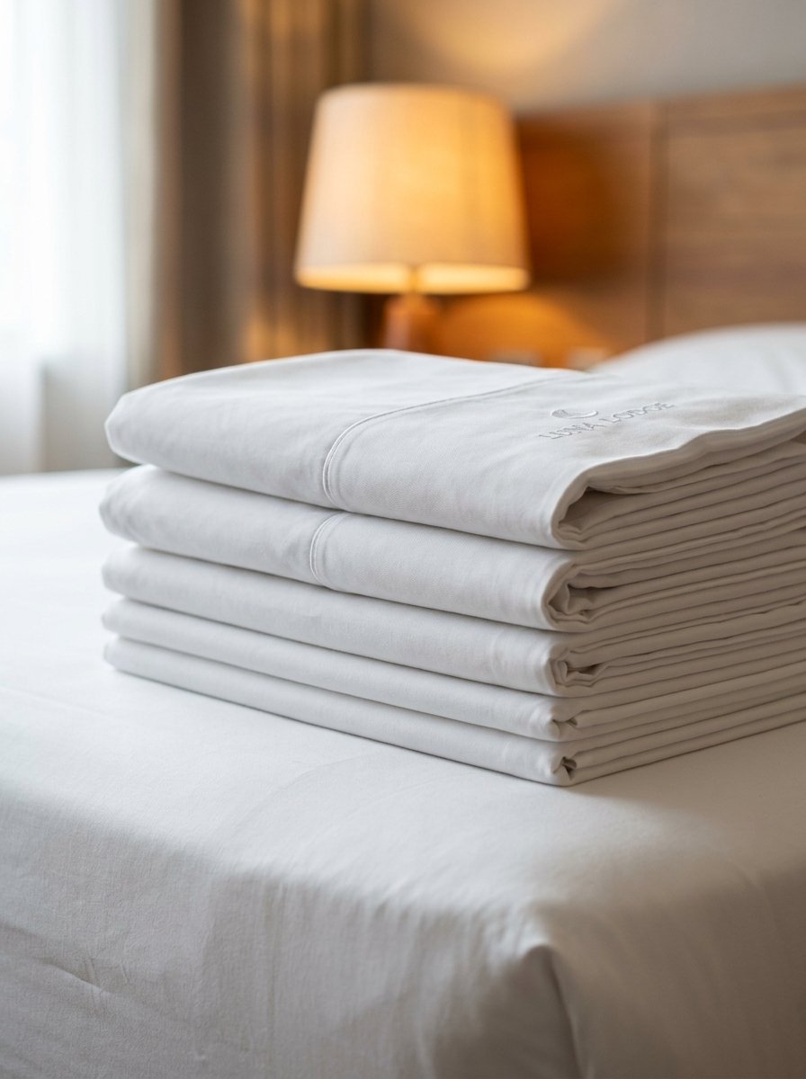 A neat stack of crisp white linens with Luna Lodge embroidery rests on a made bed in a dimly lit room.