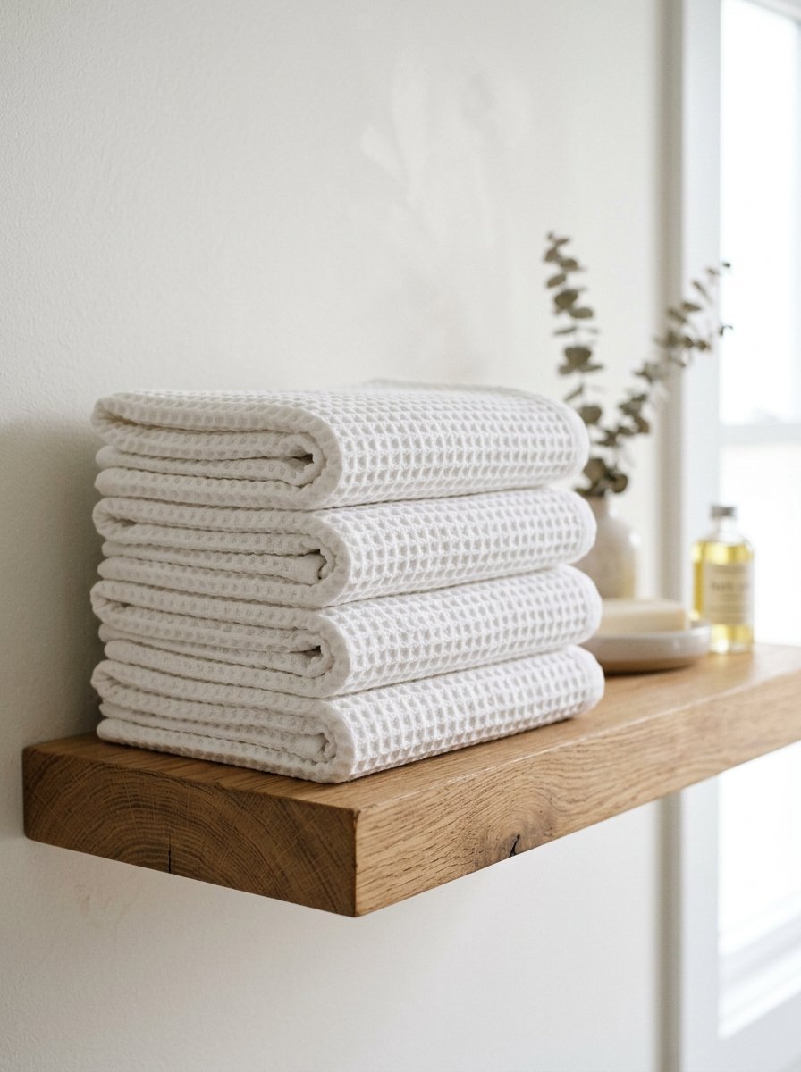 Four neatly folded white textured towels stacked on a rustic wooden floating bathroom shelf with eucalyptus.