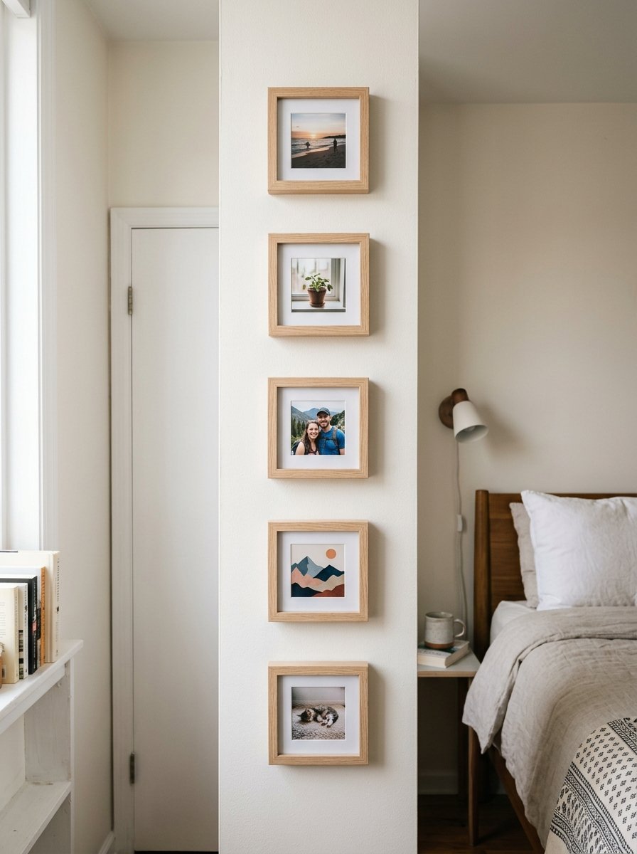 A vertical gallery wall of five square light wood frames featuring personal photos and mountain art.
