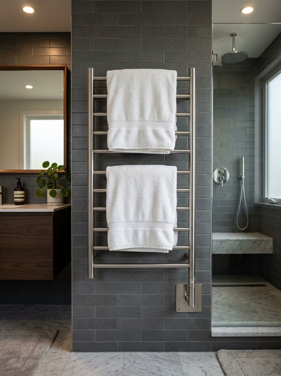 Two white towels hanging on a metal heated towel rail mounted to a dark gray tiled bathroom wall.