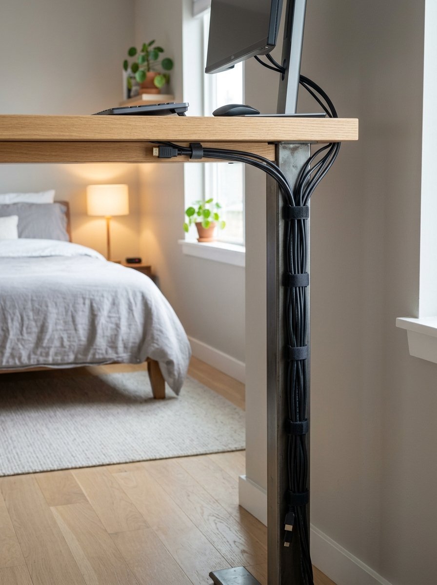 Close up view of black computer wires secured along a metal desk frame with velcro straps in a bright bedroom.