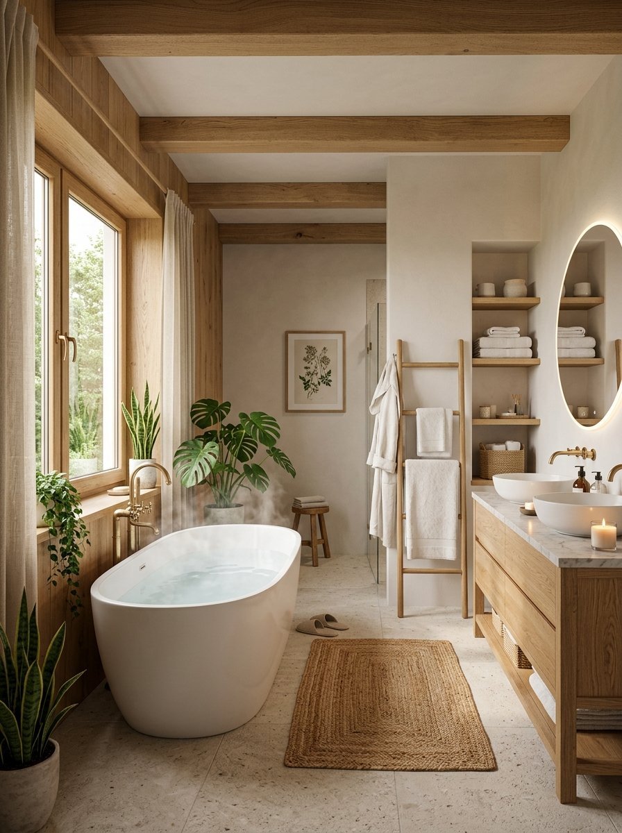 Modern spa-like bathroom with a white freestanding bathtub, wooden vanity, and green plants.
