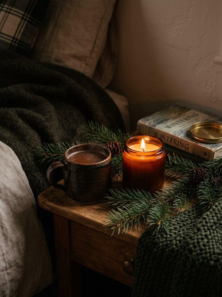 A rustic wooden nightstand holding a hot drink, a burning amber candle, pine needles, and a book.