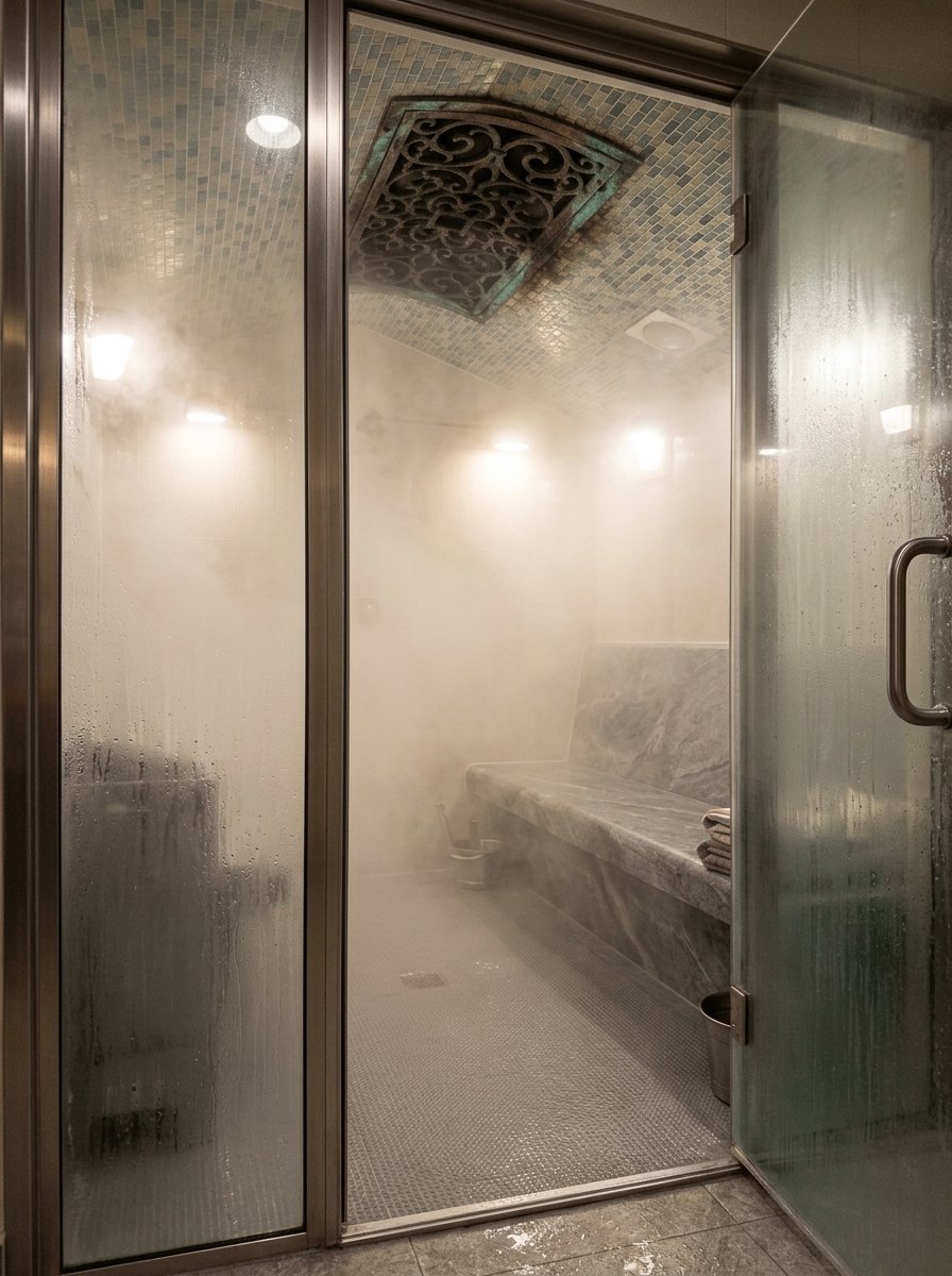 Interior of a luxurious steam room featuring a grey stone bench and decorative metal ceiling vent.