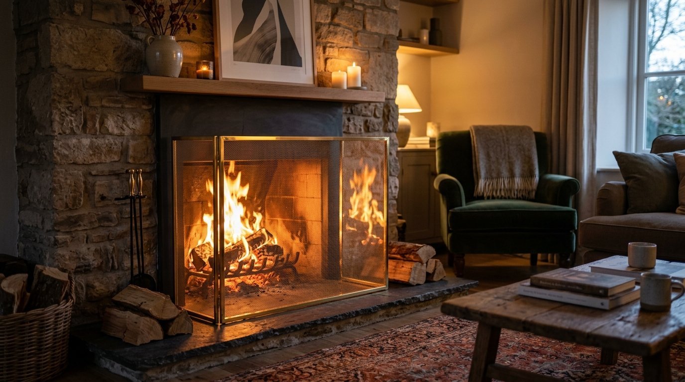 A rustic stone fireplace with a gold mesh screen and burning wood logs in a comfortable living room setting.
