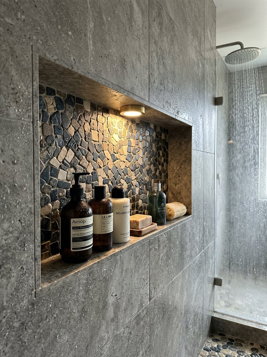 Built-in wall niche in a grey stone shower with glowing lights and various beauty bottles.