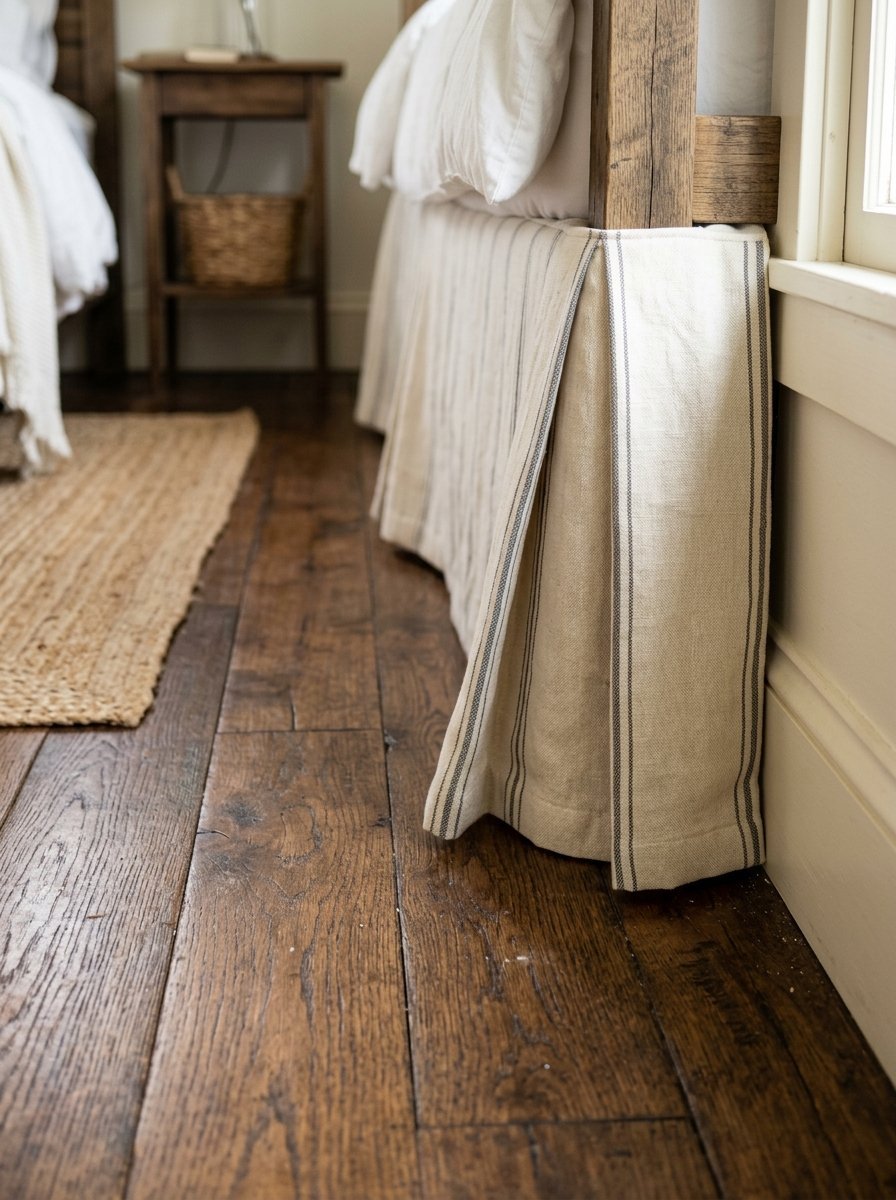 Close up of a cream linen bed skirt with grey stripes on a wooden bed frame next to a jute rug.