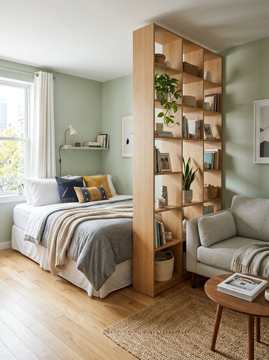 An open-concept studio apartment with a light wood shelving unit separating the bed from the living area.