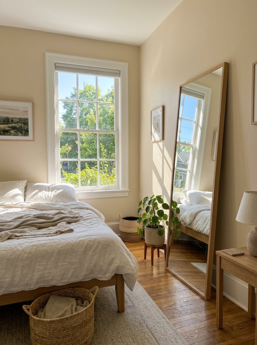 Sun-drenched bedroom with a tall leaning mirror reflecting a white bed and a green plant in a pot.