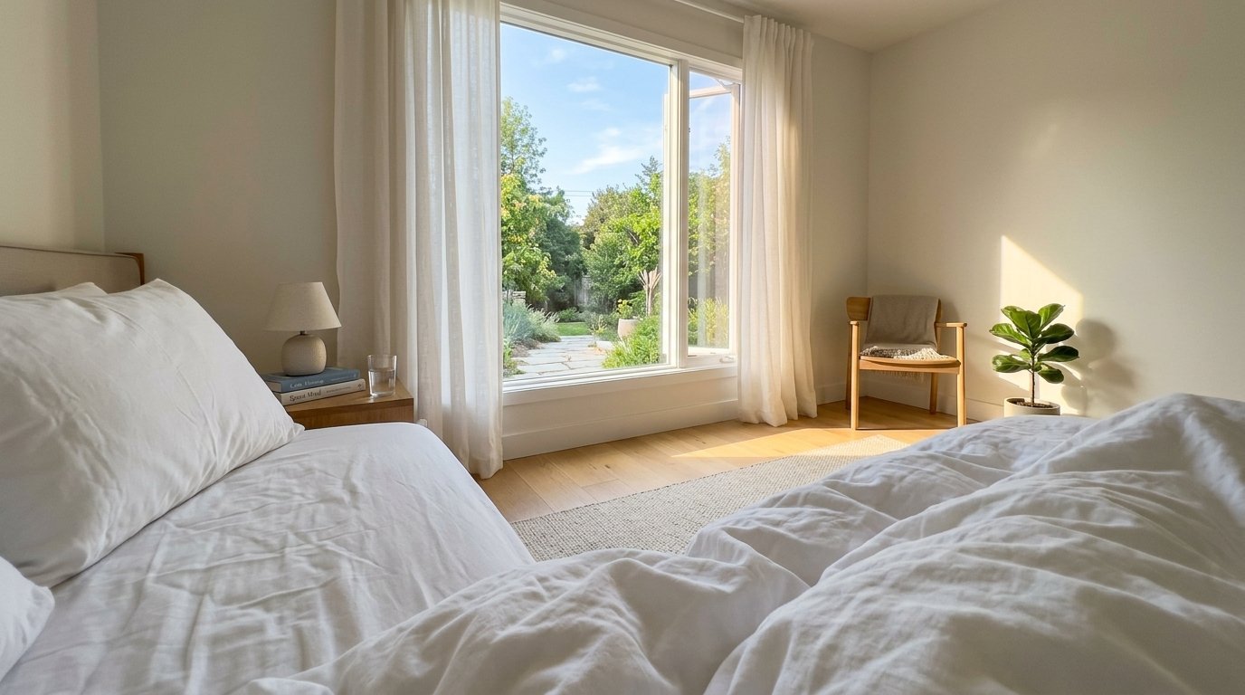 White bed in a sunlit bedroom looking out through large windows onto a lush garden patio.