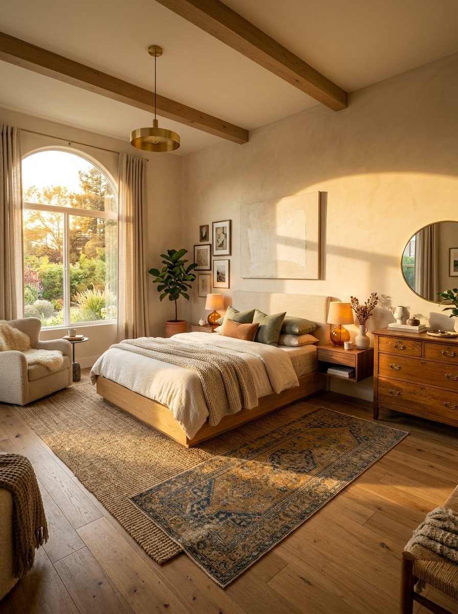 Modern bedroom with wooden ceiling beams, arched window, and layered rugs bathed in golden hour light.