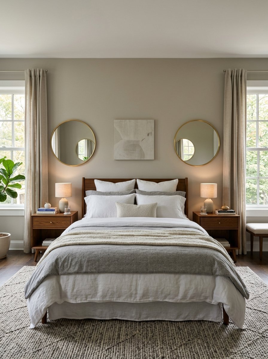 Symmetrical bedroom interior with a wooden bed frame, round gold wall mirrors, and textured neutral linens.