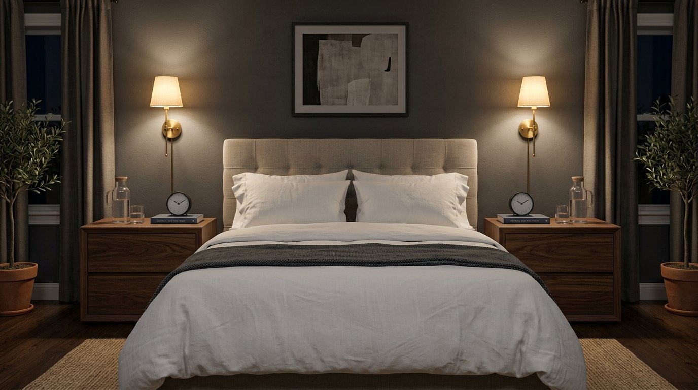 A symmetrical master bedroom with a tufted headboard, dark wood nightstands, and small potted trees on each side.