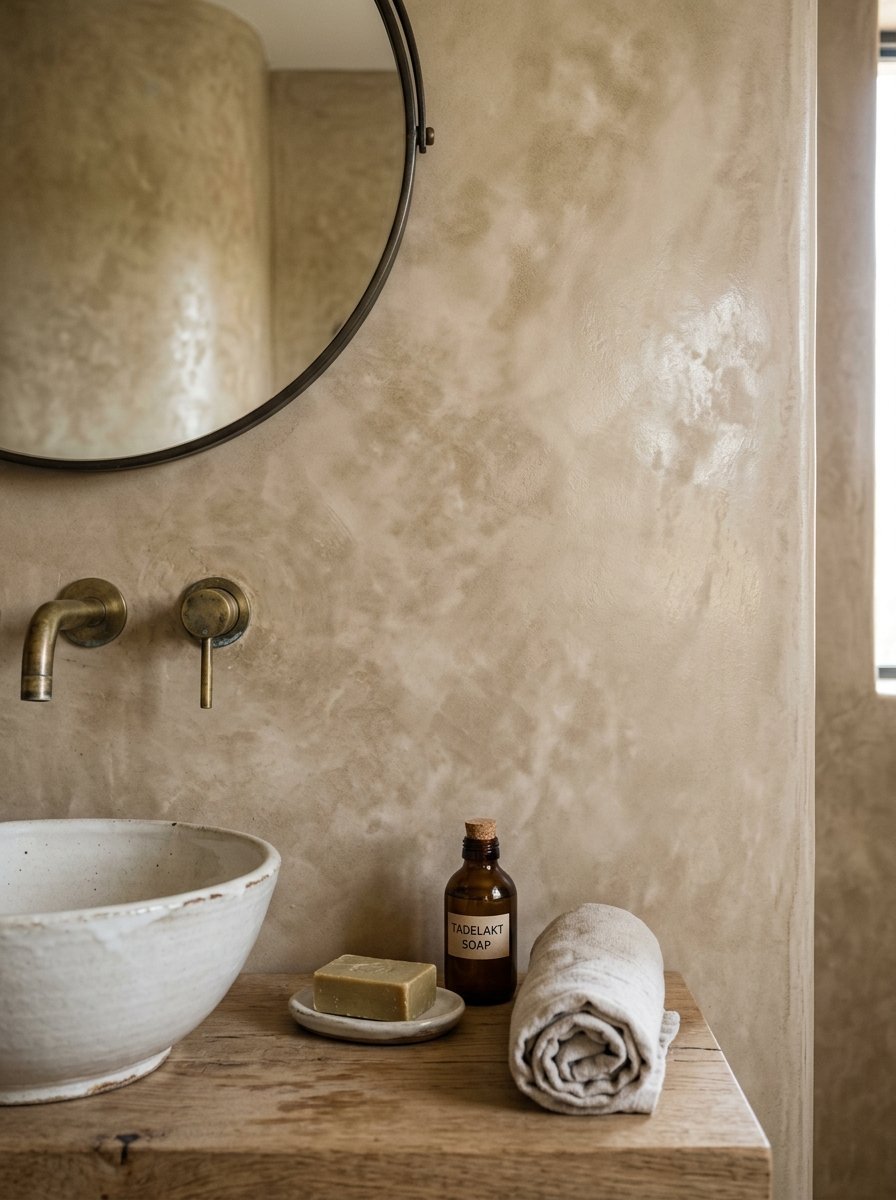 A rustic bathroom setup with a stone sink, amber soap bottle, and rolled towel on a wooden vanity against plaster walls.