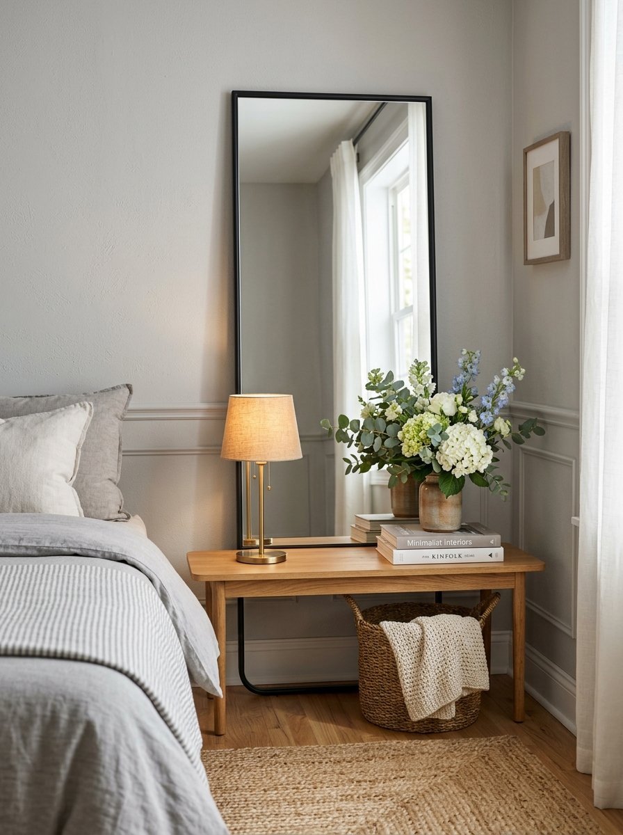 A full-length black framed mirror behind a wooden bench with a floral vase, lamp, and woven storage basket.
