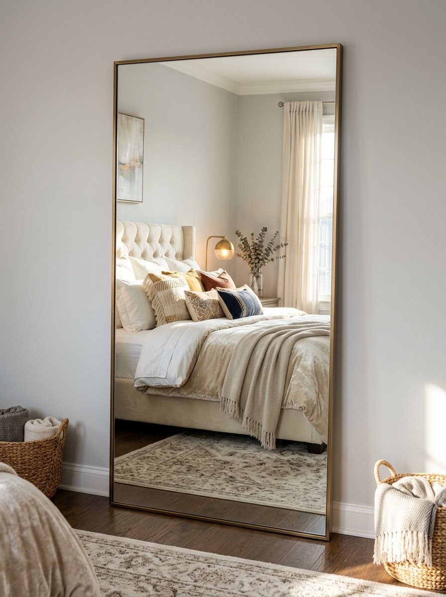 Large rectangular mirror with a gold frame leaning against a wall showing a bed with textured pillows and a rug.
