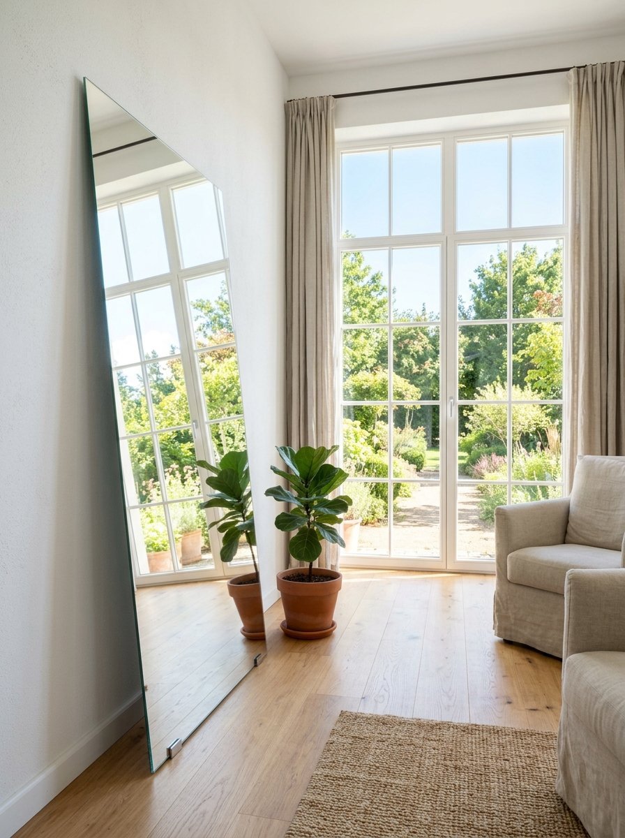 A tall, frameless rectangular mirror leans against a wall next to a potted fiddle leaf fig and a large window.