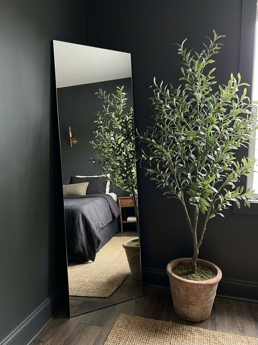 A large rectangular mirror reflecting a bed stands beside a potted olive tree in a dark room.