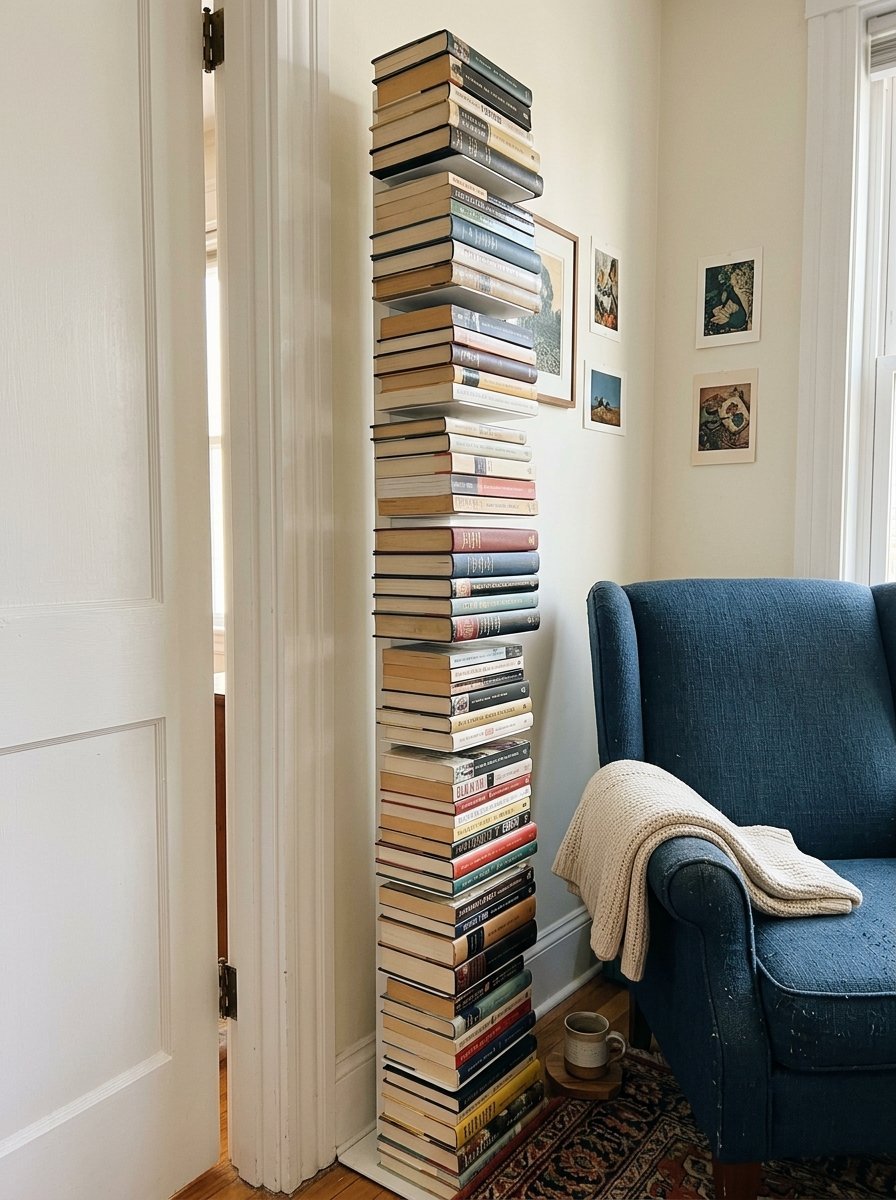 A floor-to-ceiling invisible floating bookshelf standing beside a blue armchair in a cozy living room corner.