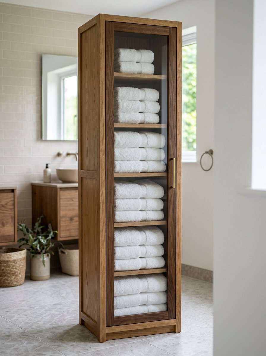 Tall oak bathroom storage unit with a glass door displaying stacks of white plush towels.