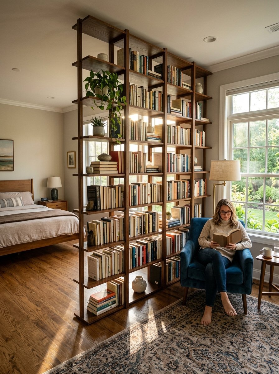 A woman relaxes in a blue chair reading near a large, floor-to-ceiling wooden library shelf partition.
