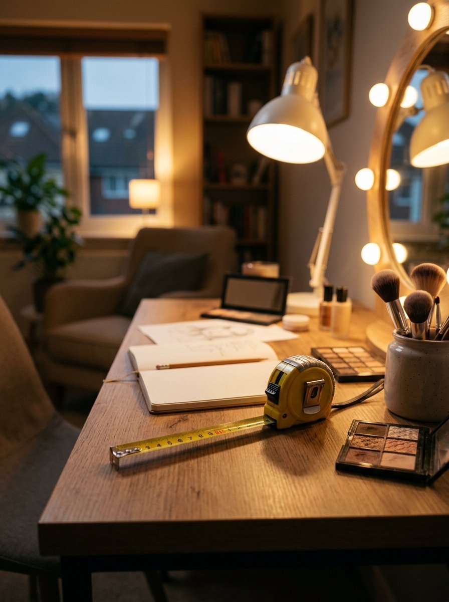 A yellow retractable tape measure lies on a desk next to makeup brushes, palettes, and an open notebook.
