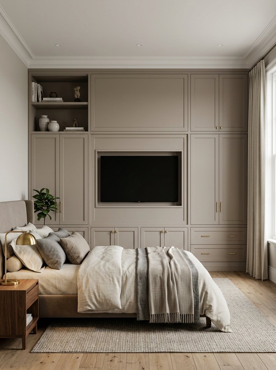 A beige built-in wall unit with a central television in a cozy modern bedroom with a made bed.