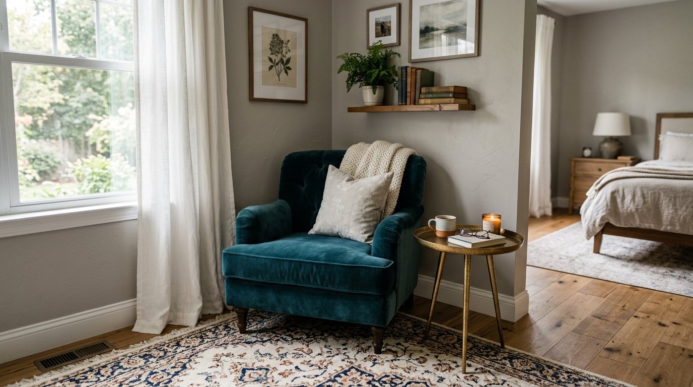 Plush dark blue velvet reading chair with a throw blanket and pillows, beside a round metal side table in a home corner.