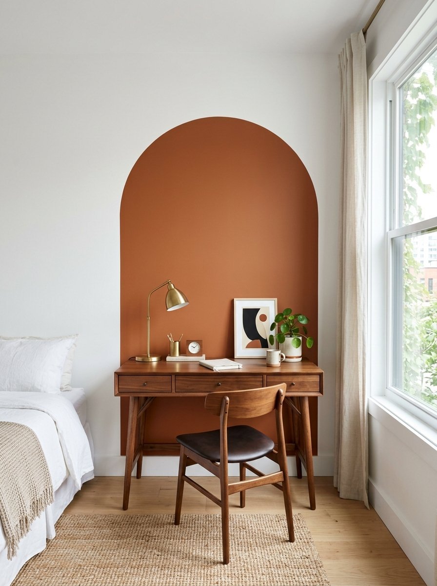 Modern wooden workstation placed in front of a painted orange archway in a bright bedroom.
