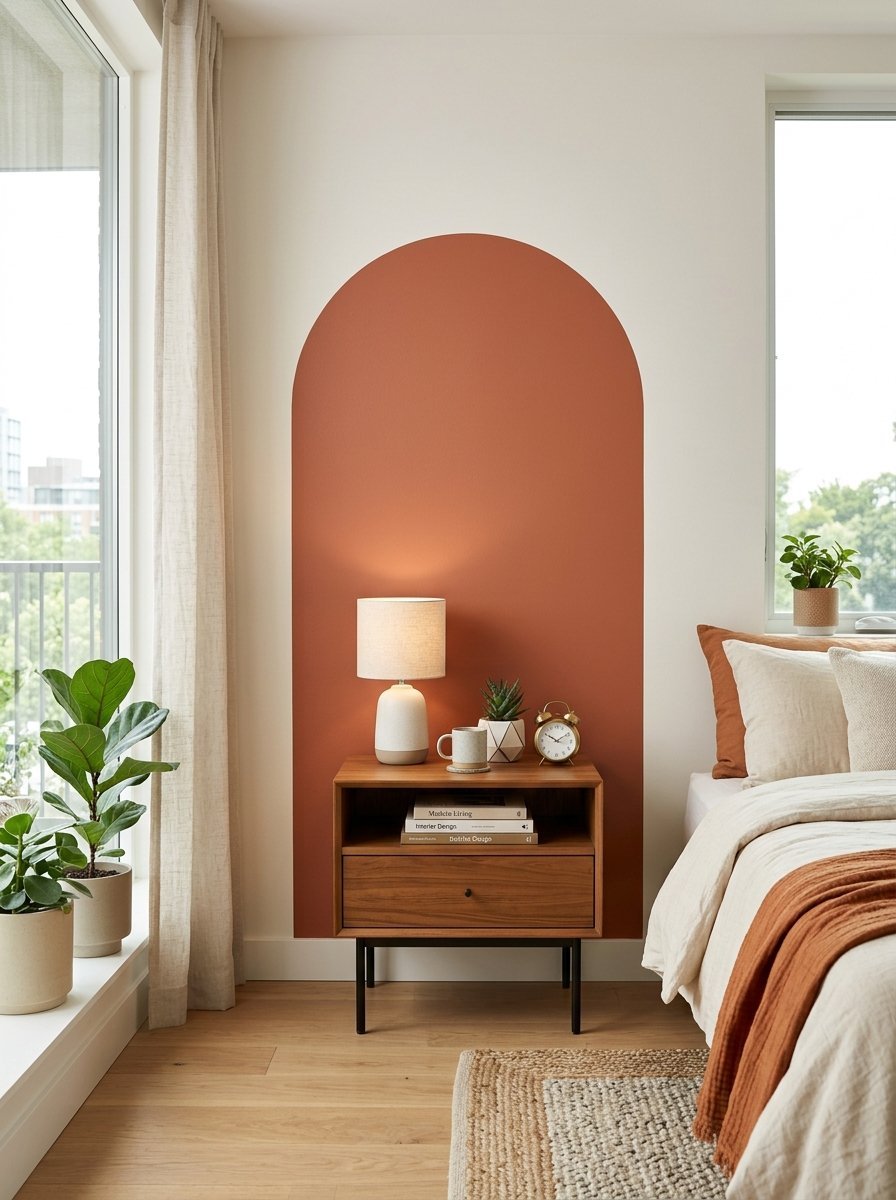 Wooden bedside table with a lamp and decor placed against a curved terracotta wall design in a bright bedroom.
