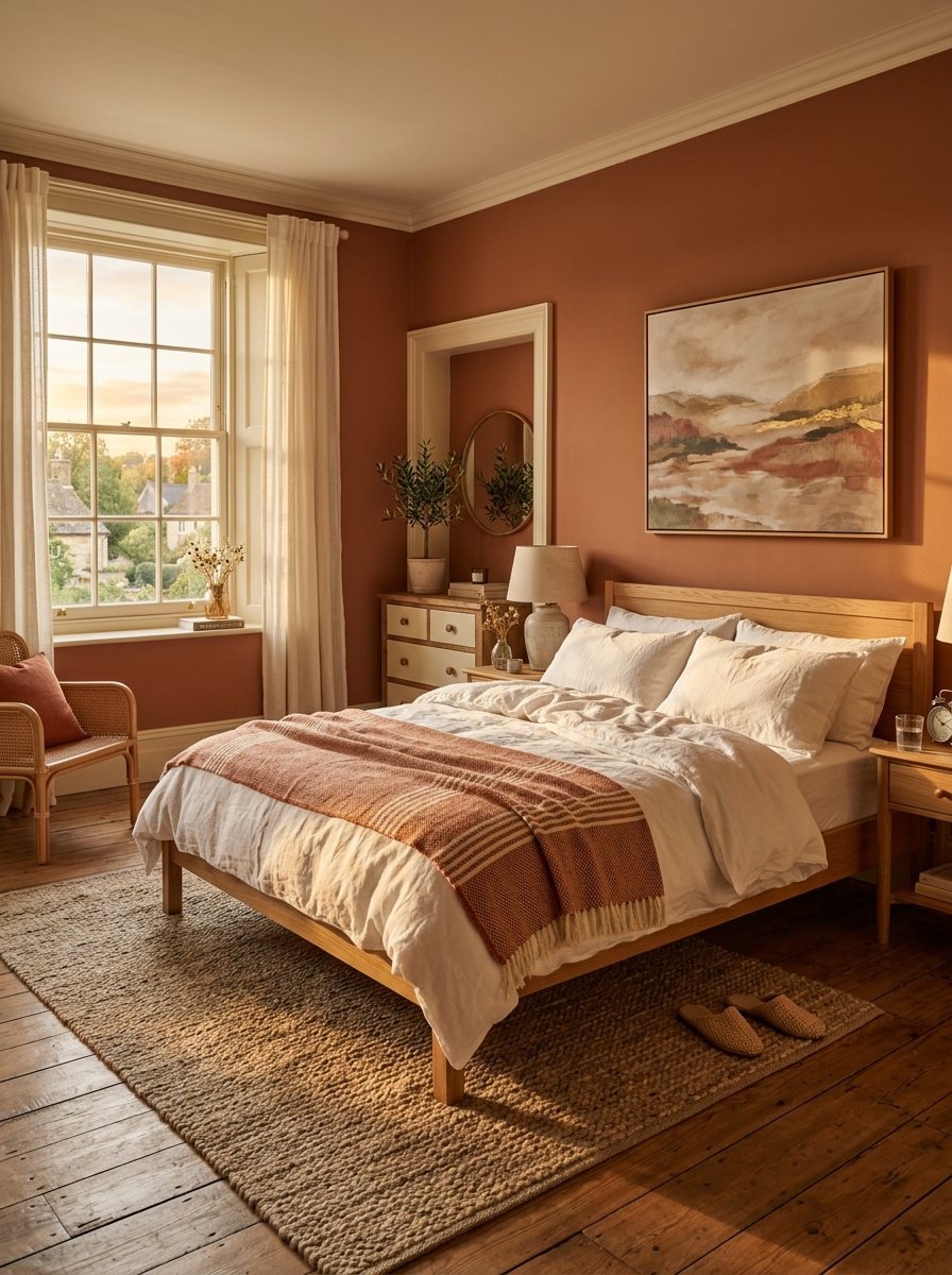 A rustic bedroom with terracotta walls, a wooden bed with white bedding, a jute rug, and a large window at sunset.