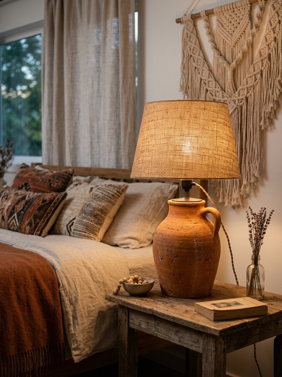 A rustic terracotta pitcher lamp on a wooden nightstand beside a bed with boho bedding and macrame wall art.