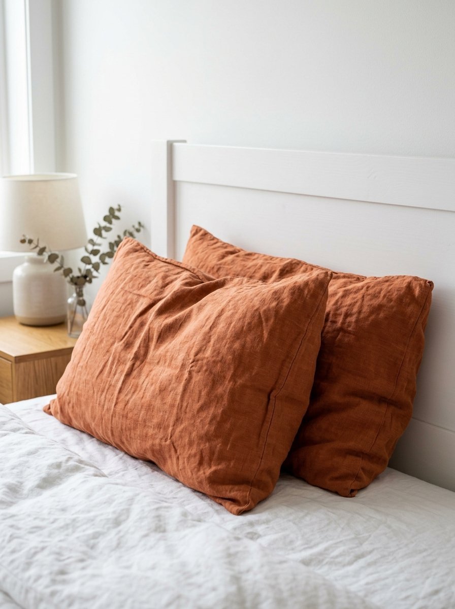 Two burnt orange linen pillowcases on a white bed with a lamp and greenery on a wooden nightstand.