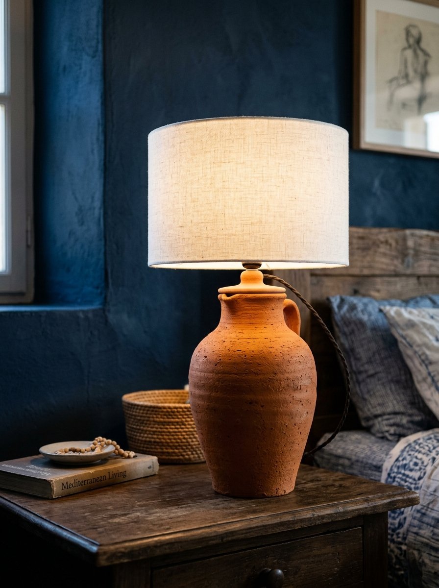 A rustic terracotta pitcher base lamp with a linen shade sitting on a dark wood nightstand next to a book.