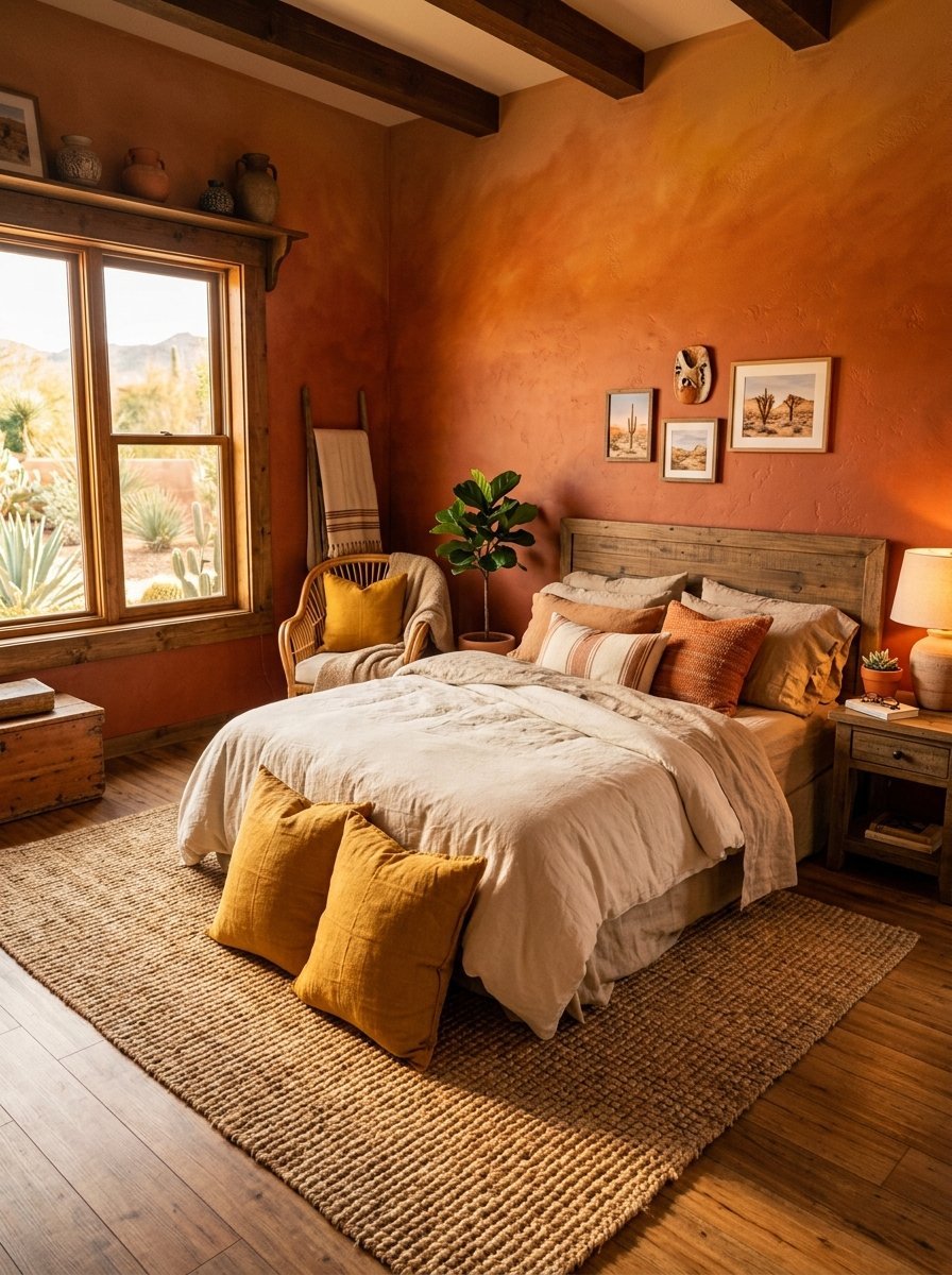 A rustic bedroom with warm orange walls, a linen-covered bed, mustard yellow pillows, and a jute area rug.