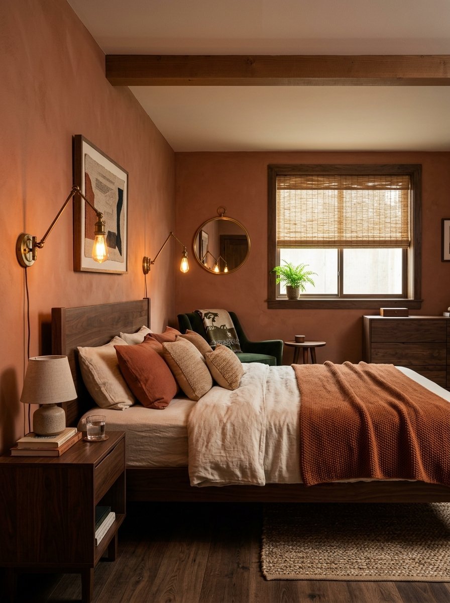 A bedroom with terracotta walls, wooden furniture, a green armchair, and a bed featuring a textured orange throw blanket.