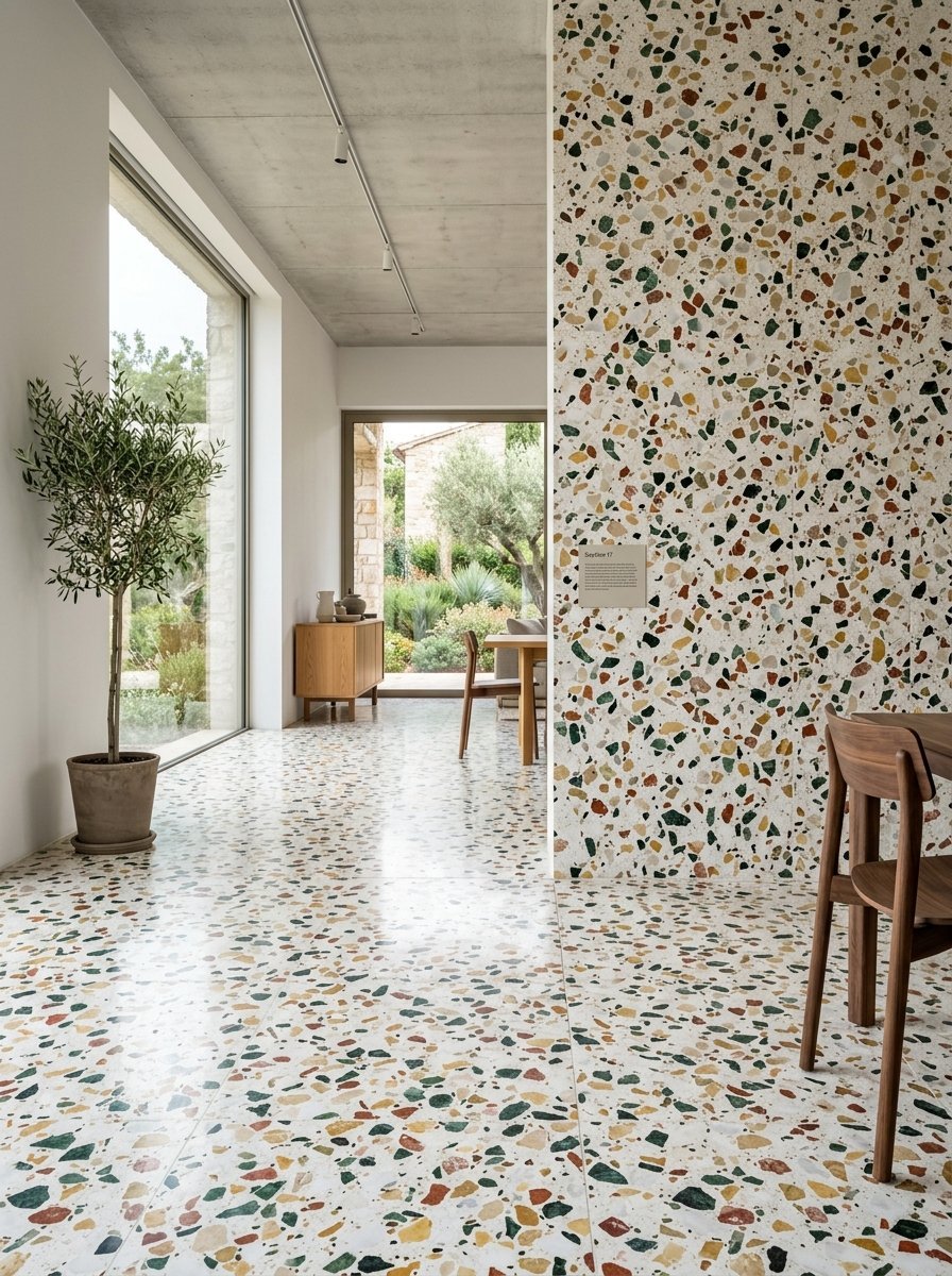 Spacious interior with vibrant multi-colored terrazzo stone tiles on the floor and a large accent feature wall.