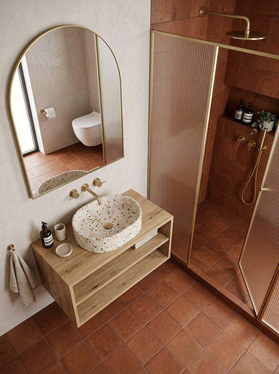 High angle view of a floating wooden vanity with a spotted terrazzo basin and arched gold-framed mirror.