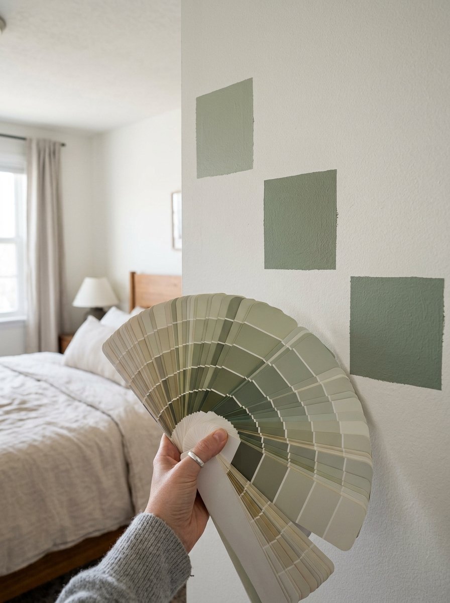 A person holds a large green paint swatch fan against three painted squares on a white wall in a bedroom.