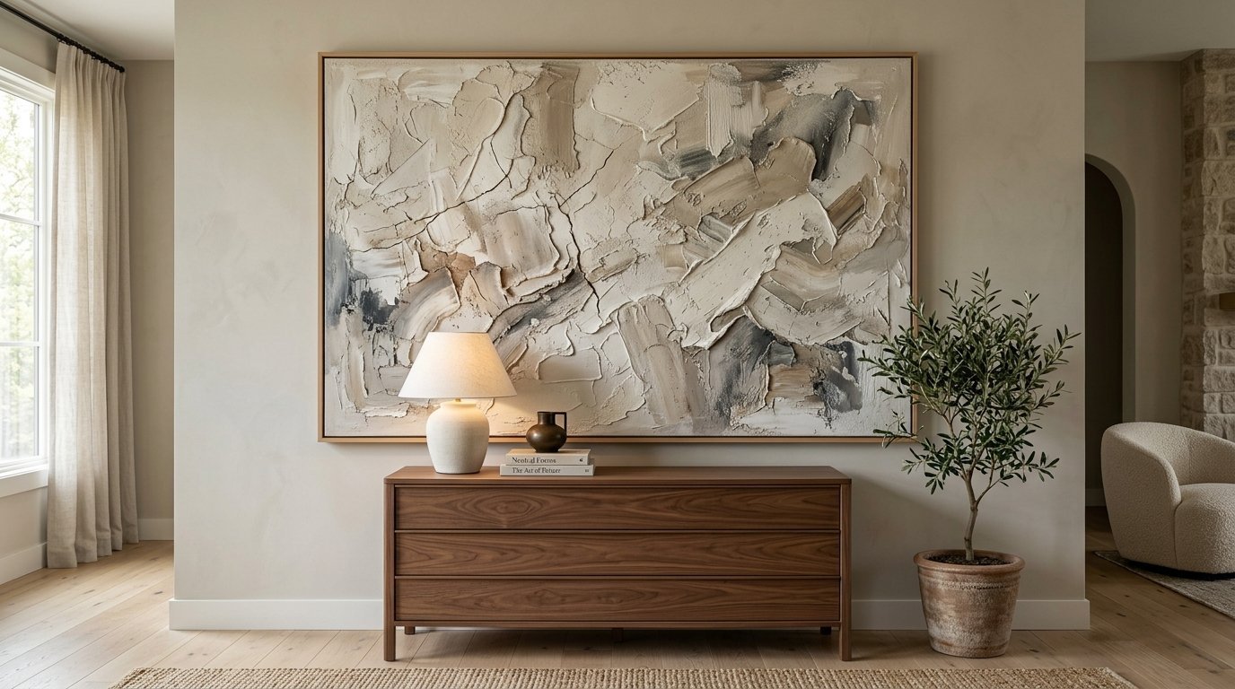 A large beige and grey impasto abstract painting hung over a wooden sideboard with a table lamp and potted olive tree.