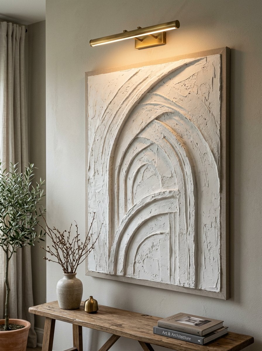 A textured white abstract painting with arched grooves mounted on a wall above a rustic wooden console table.