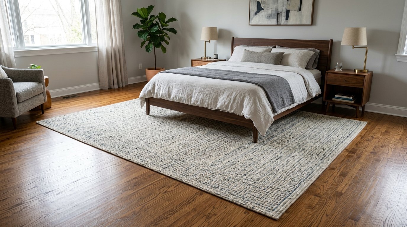 A beige and blue patterned area rug centered under a walnut wood platform bed in a bright bedroom.