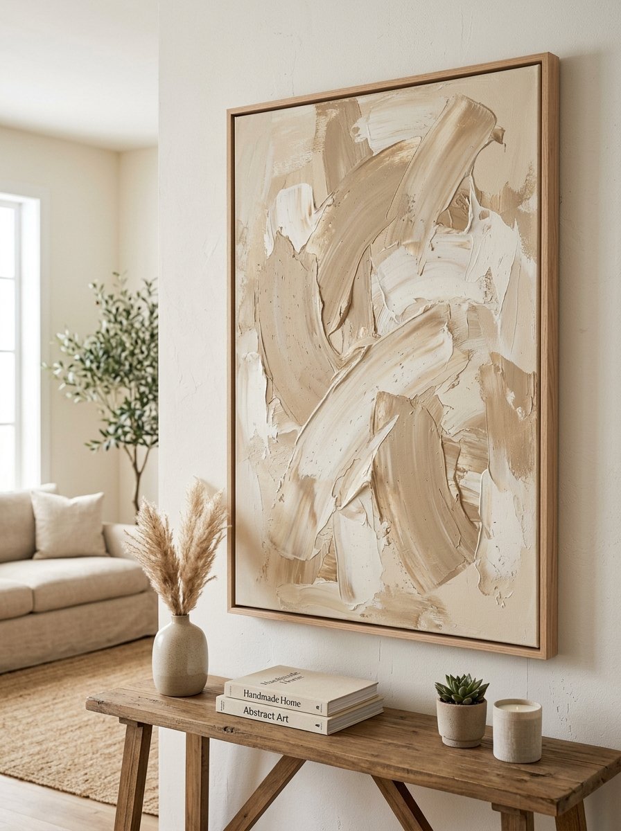 Large textured beige and white acrylic painting in a wooden frame mounted on a white wall above a rustic console table.