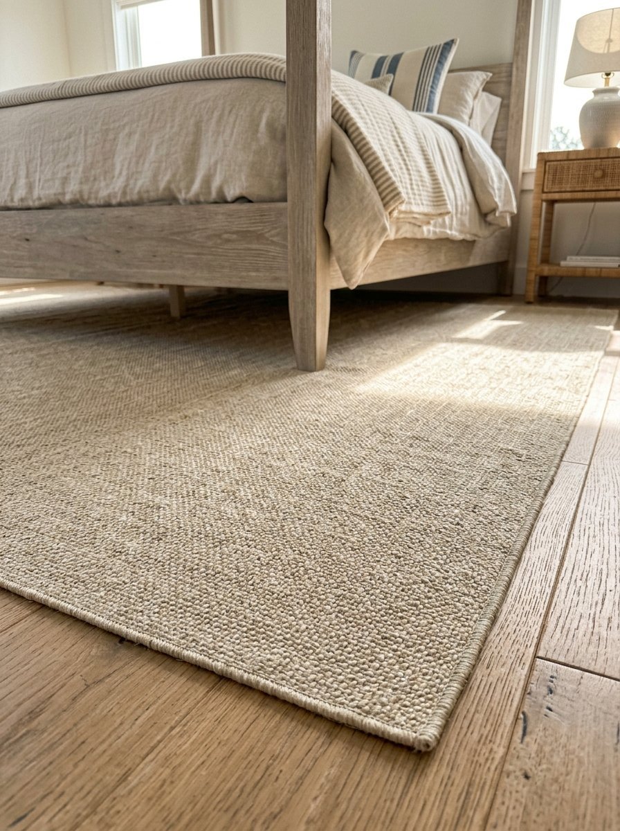 Close up of a beige textured carpet rug partially tucked under a light wood canopy bed on a hardwood floor.