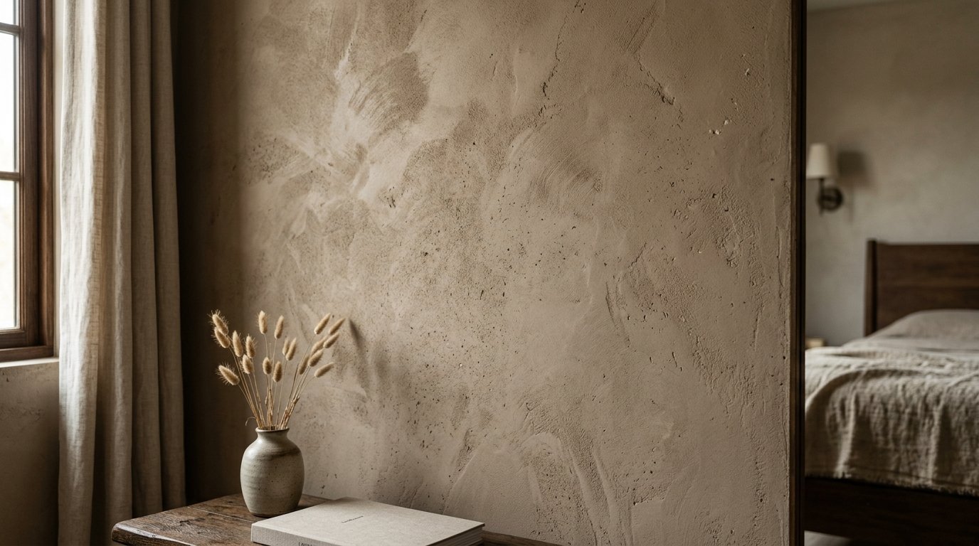 Ceramic vase with dried grasses and a book on a side table against a rustic neutral textured wall with a bedroom view.