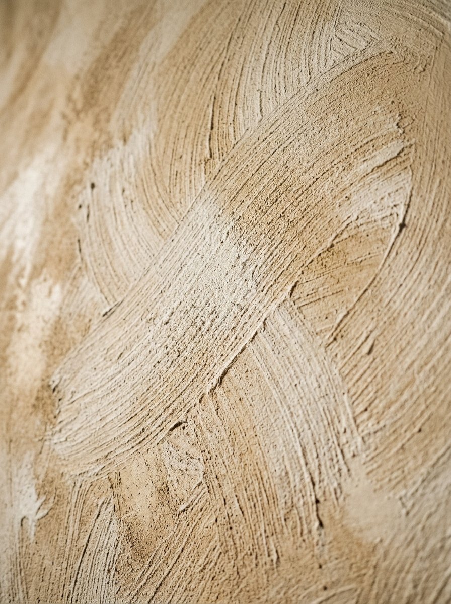 Rough light brown wall surface showing thick horizontal and diagonal trowel mark patterns.