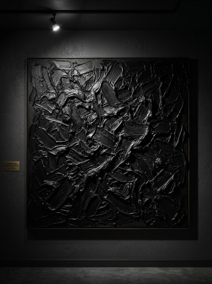 A large square canvas with heavy black paint swirls hung on a dark wall with a single overhead spotlight.