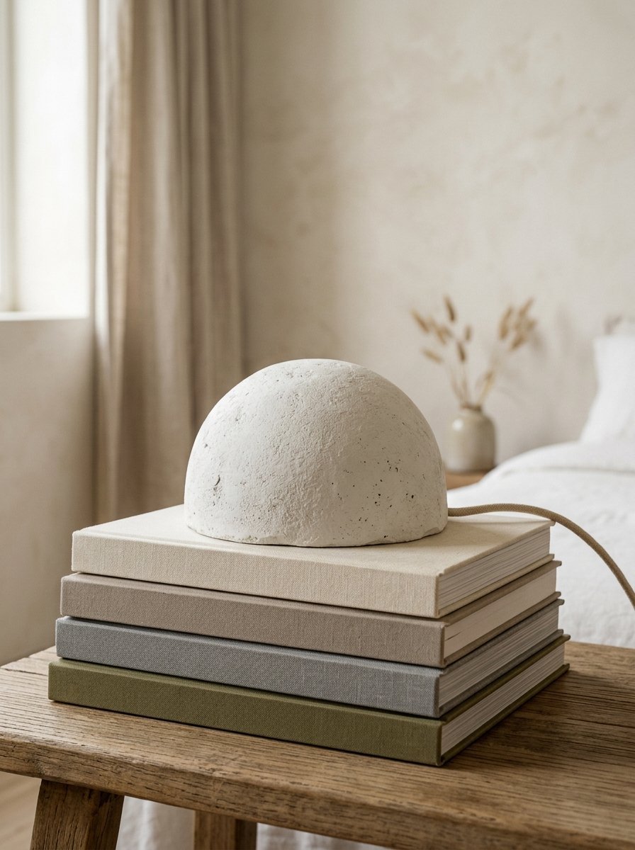 Close up of a rough white dome-shaped lamp placed on a stack of four cloth-bound books on a wooden table.