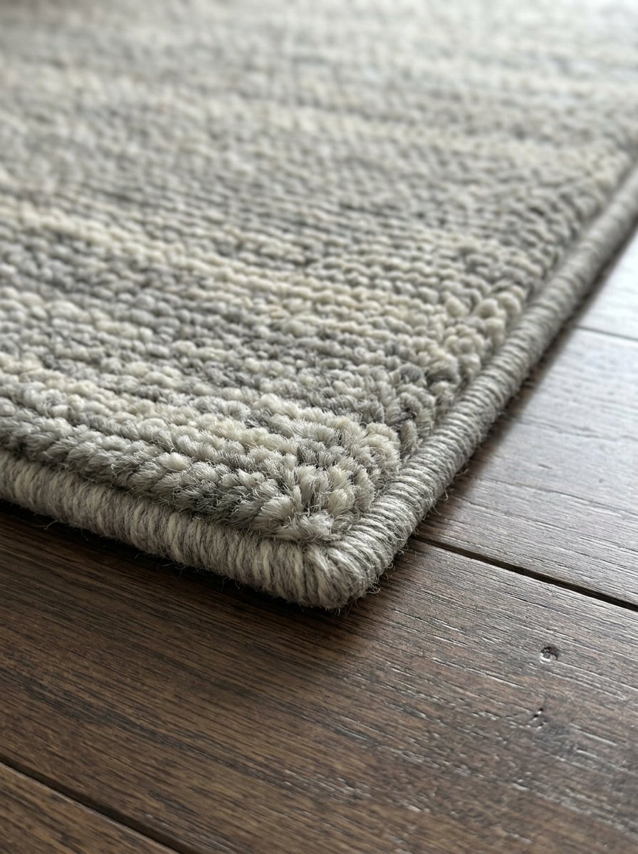 Close-up of a woven grey textured area rug corner lying on dark wooden floor planks.